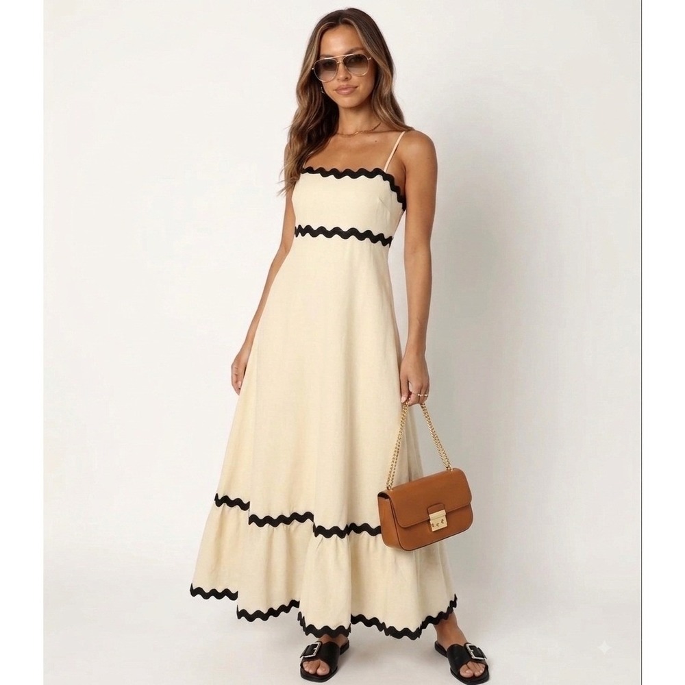 Petal & Pup Cream Yana Ric Rac Trim Cotton Maxi Dress Cottagecore Tiered XS